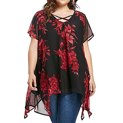 VEMOW Camisetas Mujer Tops Manga Corta con Estampado de Gasa Doble Criss Cross para Mujer Talla Grande Blusa(Rojo,3XL)