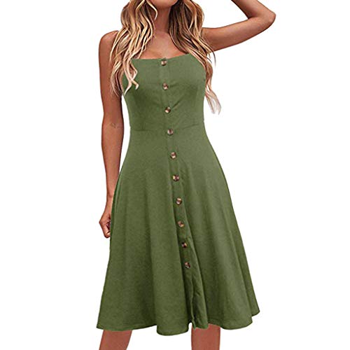 VEMOW Faldas Midi Vestido Largo Casual con botón Abotonado sin Mangas, Vestido Suelto de Fiesta Informal para Mujer(Verde,L)