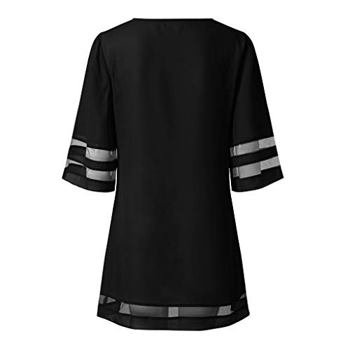 VEMOW Faldas Mujer Blusa con Panel de Malla en el Cuello O de Las Mujeres 3/4 Vestido de Camisa Suelta con Manga de Campana(A Black,M)