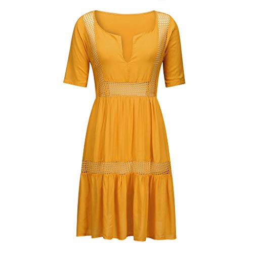 VEMOW Faldas Mujer Vestido Corto Bohemio con Cuello en V de Las Mujeres Vestido de Verano Informal de Playa Hueco Hueco Corto(Amarillo,L)