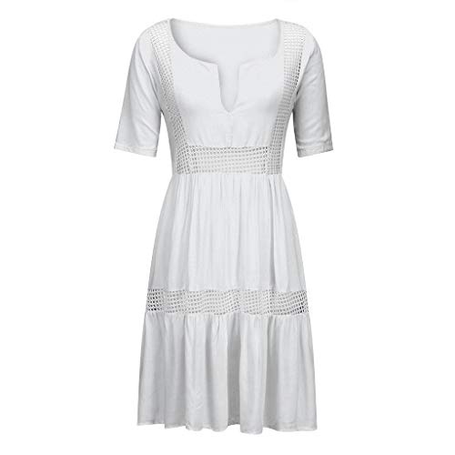 VEMOW Faldas Mujer Vestido Corto Bohemio con Cuello en V de Las Mujeres Vestido de Verano Informal de Playa Hueco Hueco Corto(Blanco,XL)