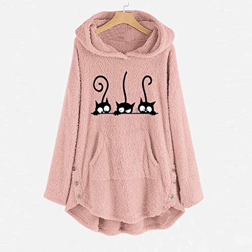 VEMOW Sudaderas con Capucha Mujer Lana Bordado Talla Extra Calentar Pullover Parte Superior Botón Suéter Blusa Tops Camisa OtoñO Invierno(Rosado,L)