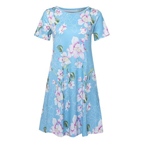 VEMOW Vestido Mujer Mujeres Verano Manga Corta Floral Bolsillos Impresos Vestido de oscilación Ocasional de Sundress(A Cielo Azul,L)