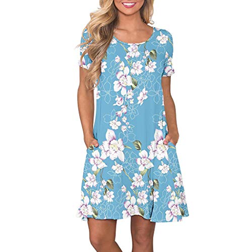 VEMOW Vestido Mujer Mujeres Verano Manga Corta Floral Bolsillos Impresos Vestido de oscilación Ocasional de Sundress(A Cielo Azul,S)