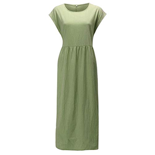 VEMOW Vestidos Mujer Casual Verano Largo Maxi Falda Sólido sin Mangas con Cuello en O Maxi Bolsillos Lino Holgado Holgado Kaftan Vestido Largo Sundress(Verde,X2XL)