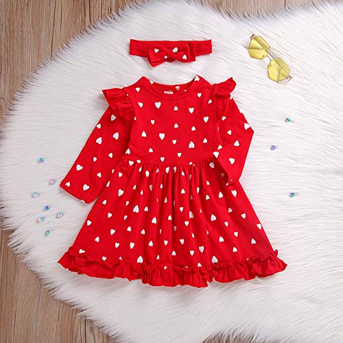 Vestido Bebé Niña + Diadema Manga Larga Impresión de Corazón Plisada Vestidos Niñas Princesa Ropa Bebe Niña Recien Nacido (Rojo, 12-18 Meses)