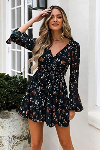 Vestido de Cóctel de Verano para Mujer con Mangas Largas A-línea de Cuello en V Estampado Floral con Cinturón de Cintura Alta (Negro, XL)