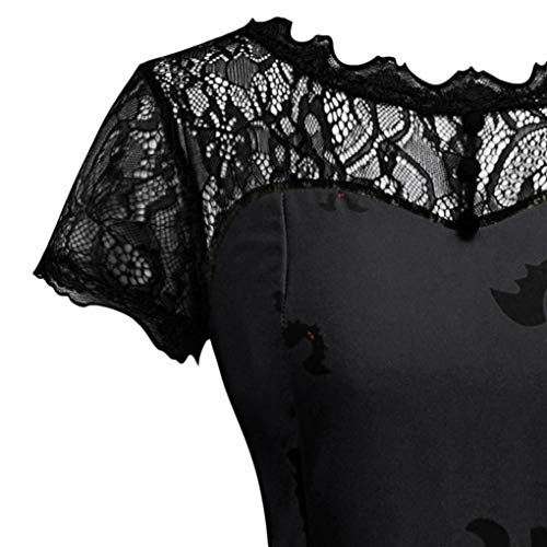 Vestido de Halloween con Encaje Estampado Negro, Covermason Vestido de Noche de Encaje Retro de Halloween de Manga Corta para Mujer Vestido de oscilación de Calabaza de línea(Negro,44EU)