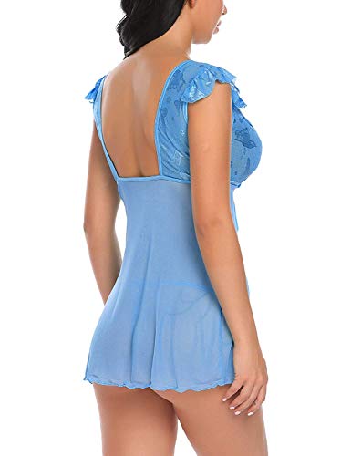 Vestido De Lencería para Mujer Sensual Lace Babydoll Chemise Mode De Marca Noche Cálido Shea Cálido Shea V Lencería De Cuello V Conjunto con Tanga (Color : Blau, Size : L)