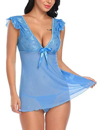 Vestido De Lencería para Mujer Sensual Lace Babydoll Chemise Mode De Marca Noche Cálido Shea Cálido Shea V Lencería De Cuello V Conjunto con Tanga (Color : Blau, Size : L)