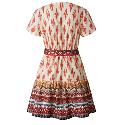 Vestido de Mujer Verano Bohemia, Morbuy Elegante Flores Imprimiendo Flojo Casual Manga Corta Cuello V Vestidos Plisada Estilo de Cortos Vestidos para Fiesta Playa con El Cinturón (M,Rojo)