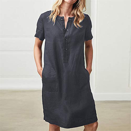 Vestido de Mujer Verano, Morbuy Elegante de Lino Algodón Casuales Manga Corta Vestido Midi Vestido Flojo Cuello En V Vestidos Holgado Talla Grandes Vestido de Fiesta para Bodas (L,Azul)