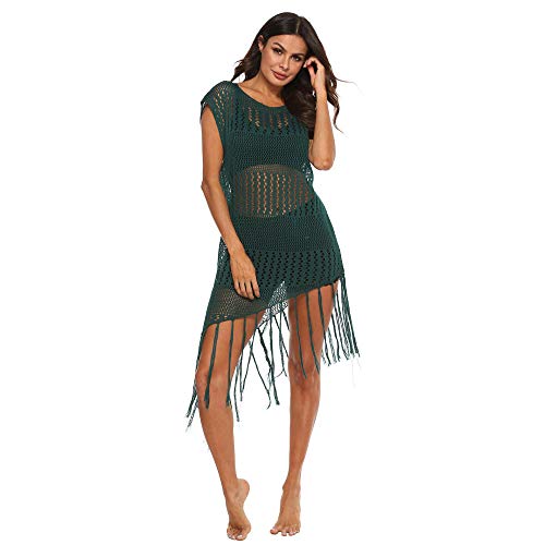 Vestido de Playa Sexy Bikini Cover up,Vestido de Borla Larga con Costuras Irregulares, Blusa de Playa de Punto con Perspectiva Recortada-Verde_M,Mujeres Kaftan Bikini Cover