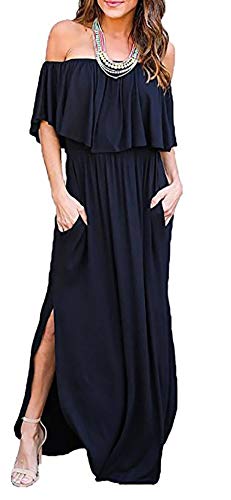 Vestido Largo Mujer Volantes Boho Chic Vestidos Hombro Asimétrico Cuello Barco Manga Corta con Bolsillos y Abertura Caftan Largo Kaftan Etnico Tunica Playa Talla Grande Streetwear Maxi Dress Oversize