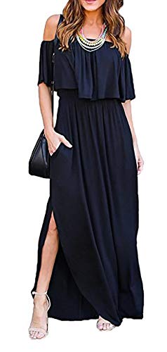 Vestido Largo Mujer Volantes Boho Chic Vestidos Hombro Asimétrico Cuello Barco Manga Corta con Bolsillos y Abertura Caftan Largo Kaftan Etnico Tunica Playa Talla Grande Streetwear Maxi Dress Oversize