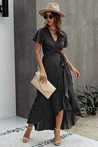 Vestido Mujer Bohemio Largo Verano Playa Fiesta Floral/Ploka Dot Manga Corta Cuello en V Talla Split Wrap Maxi Vestidos Negro XL