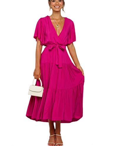 Vestido Mujer Bohemio Largo Verano Playa Fiesta Wrap Maxi Vestidos Cóctel Falda Larga con Cinturón Rosa M