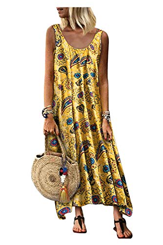 Vestido Tirantes Mujer Largo Bohemio Hippie Chic Vestido Estampado Floral Etnico Swing Vestido Linea a Tunica de Playa Casual Vestido Sin Mangas Hombros Descubierto Caftan Baño Talla Grande Maxi Dress