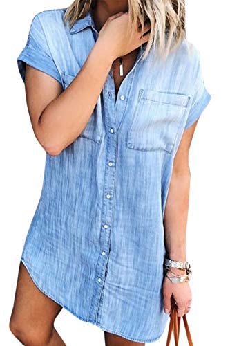 Vestidos Camisero de Denim para Mujer De Manga Corta Borlas Jeans Vestido Casual con Botones Azul XL