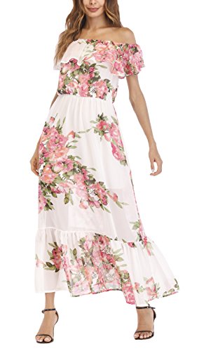 Vestidos De Fiesta Mujer Largos Tallas Clásico Grandes Elegante Verano Barco Cuello Manga Corta Sin Tirantes Maxi Vestido Impresión Floral Bonita Joven Fashionista Coctel Dress Blanco Chicos