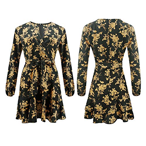 Vestidos de Mujer Vestido Floral con Volantes Casual Vestido Cruzado Manga Larga Columpio Plisado Vestido Mini Patinador (Color : Yellow, Size : XL)