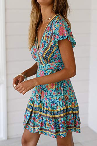 Vestidos Mujer Bohemio Corto Florales Verano Playa Fiesta Vestido Casual Magas Cortas Cuello en V Noche Playa Vacaciones 2 S