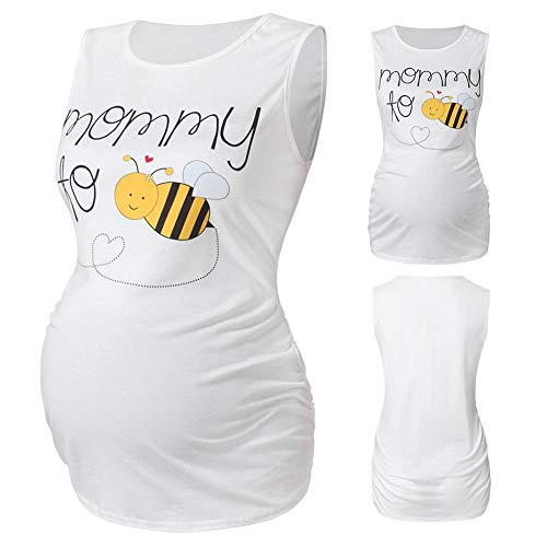 Vestidos para Premamá Vestidos Embarazo Ropa Mujer Maternidad Sin Mangas Dibujos Animados Abeja Imprimir Camisetas Sin Mangas Embarazo Chaleco Enfermería Top-A_XL