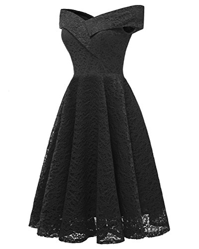 Vestidos Verano Mujer Vestidos De Fiesta Elegantes Hombro Descubierto Ropa Dama Moderno Cuello Barco Encaje Vestido Años 50 A-Lìnea Vintage para Bodas (Color : Negro, Size : L)