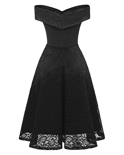 Vestidos Verano Mujer Vestidos De Fiesta Elegantes Hombro Descubierto Ropa Dama Moderno Cuello Barco Encaje Vestido Años 50 A-Lìnea Vintage para Bodas (Color : Negro, Size : L)