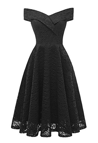 Vestidos Verano Mujer Vestidos De Fiesta Elegantes Hombro Descubierto Ropa Dama Moderno Cuello Barco Encaje Vestido Años 50 A-Lìnea Vintage para Bodas (Color : Negro, Size : L)