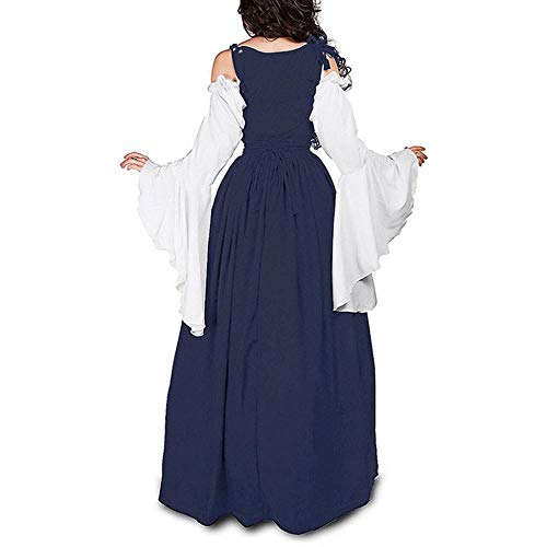 VJGOAL Mujer Verano Moda Casual Imperio Vendaje Corsé Edad Media Renacimiento Vintage Campana Manga Larga Fiesta Club Elegante Vestido hasta los Tobillos(Medium,Armada)