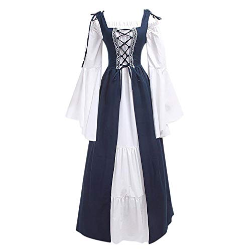 VJGOAL Mujer Verano Moda Casual Imperio Vendaje Corsé Edad Media Renacimiento Vintage Campana Manga Larga Fiesta Club Elegante Vestido hasta los Tobillos(Medium,Armada)