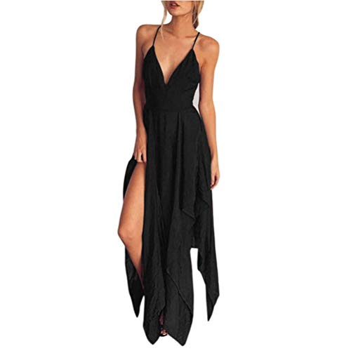 VJGOAL Verano de Las Mujeres sin Mangas con Cuello en V Boho Noche Larga Fiesta cóctel Playa Ocasional de la Gasa Vestido Largo hasta el Tobillo (2XL, Negro)