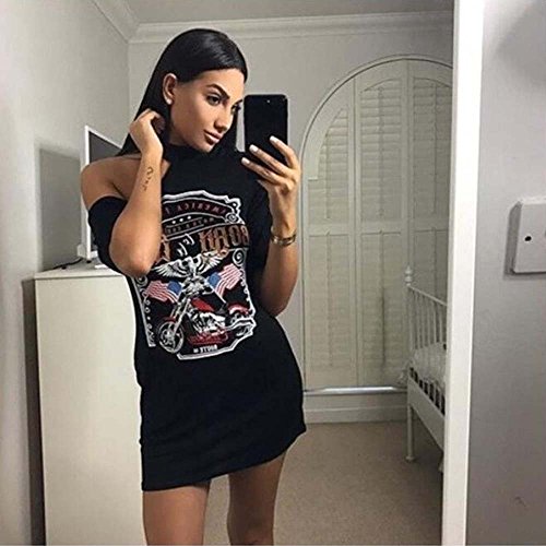 VJGOALas Mujeres Atractivas de la Vendimia cuelgan el Cuello de la Personalidad del Hombro Rock Club Nocturno Estilo de impresión de la Camiseta Larga Mini Vestido (L, Negro)