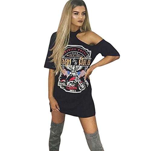 VJGOALas Mujeres Atractivas de la Vendimia cuelgan el Cuello de la Personalidad del Hombro Rock Club Nocturno Estilo de impresión de la Camiseta Larga Mini Vestido (L, Negro)