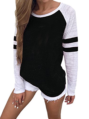 VONDA Camisa Manga Larga para Mujer Blusas Manga Larga Elegante Camiseta Larga Rayas Casual Túnica Tops Jersey Largo A-Negra XL