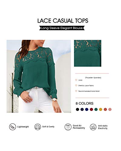 VONDA Camisa Mujer Manga Larga Sexy para con Blusa Encaje Tops Elegantes Bordados Túnica Cuello Redondo Shirt A-Verde XL