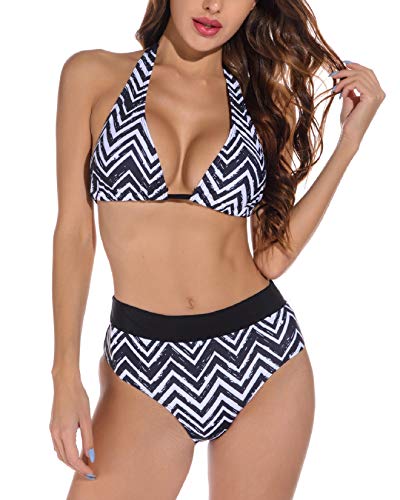 Voqeen Conjuntos de Bikinis para Mujer Push Up Bikini Geometría Traje de baño de Cintura Baja Trajes de baño Adecuado Viajes Playa (Negro & Blanco, M)