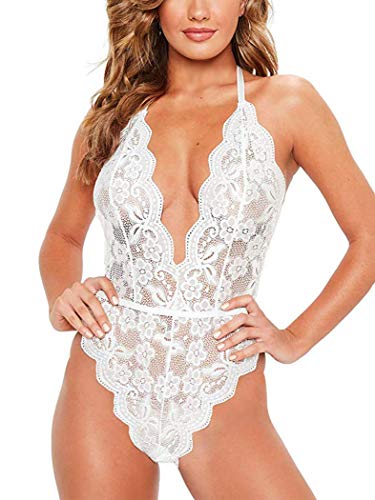 Voqeen Mujeres Bodysuit de Encaje Lencería Sexy de Pestañas Una Pieza Mini Cabestro Babydoll Ropa de Dormir