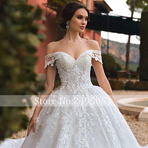 WANGMEILING Vestido de novia blanco Hasta Tren real de una línea de vestido de novia de encaje del cuello del barco de lujo 2020 con cuentas apliques vestido de novia de la princesa del traje