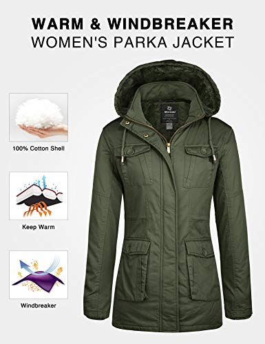 Wantdo Abrigo Cálido Invierno Chaqueta Acolchada a Prueba de Viento Chaqueta Longitud Media Ajustado Abrigo Delgado con Cinturón Mujeres Verde Militar XX-Large