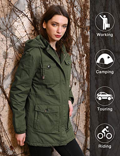 Wantdo Abrigo Cálido Invierno Chaqueta Acolchada a Prueba de Viento Chaqueta Longitud Media Ajustado Abrigo Delgado con Cinturón Mujeres Verde Militar XX-Large