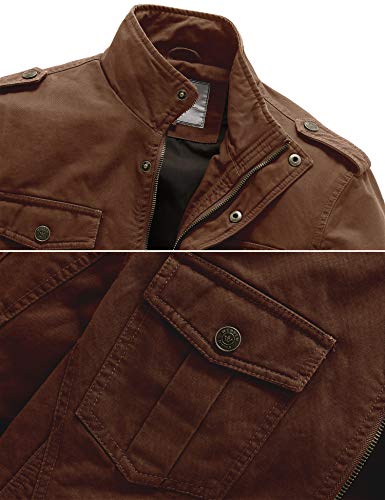 WenVen Chaqueta de Algodón Casual Chaqueta Cuello Alto Sahariana Chaqueta Tres Cuartos Multibolsillos Chaqueta Informal con Botón Hombre Marrón Small