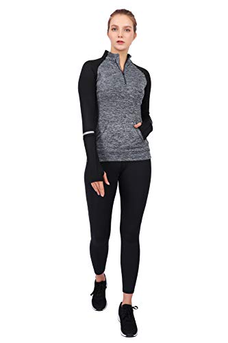 Westkun Camiseta de Manga Larga para Mujer Sudadera de Half Zip Deporte Chaqueta Yoga Casual Corriendo Pull-Over Tops con Agujeros para los Pulgares(Gris,XL)