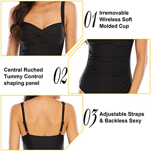 WIN.MAX Traje de baño Acolchado para Reducir Barriga, Traje de baño de Talla Grande para Mujeres Monokinis Vintage Push up (Puntos Blancos, EU40)