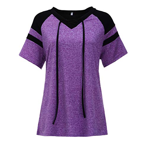 wyxhkj Mujer Talla Grande, Camiseta Manga Corta Cordones Vendaje V-Cuello Color Sólido Blusa Informal Deporte Suelta Casual (5XL, Púrpura)