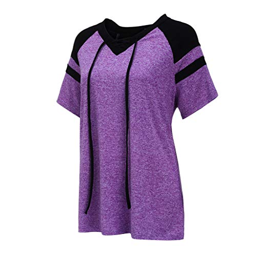 wyxhkj Mujer Talla Grande, Camiseta Manga Corta Cordones Vendaje V-Cuello Color Sólido Blusa Informal Deporte Suelta Casual (5XL, Púrpura)