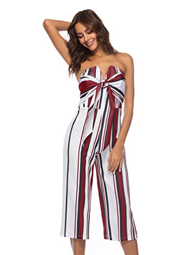 Xinwcang Monos Mujers, Mono de Rayas sin Mangas para Mujer Casual Elegante Jumpsuits Pantalón de Pierna Ancha Outfit Beach Boho Fiesta de Playa Vino Rojo S