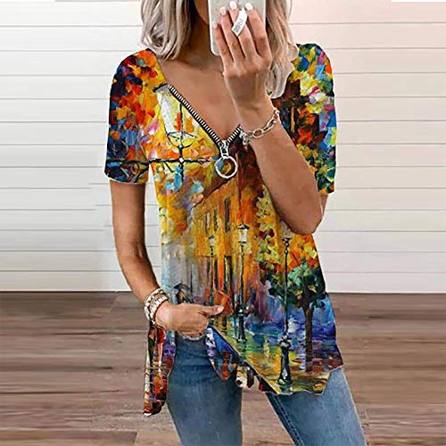 YANFANG 2021 Camisetas Manga Corta Mujer,Blusa Sin Mangas con Cuello En V De Cremallera Estampada Moda Casual para Mujer,Nikis Hombre,Casual Tallas Grandes Camiseta Blusas Tops