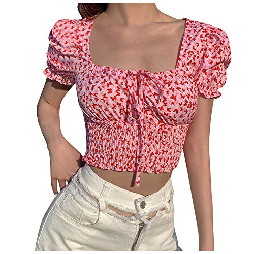 YANFANG Blusa Floral Delgada con Cuello Cuadrado y Estampado de Mariposas para Mujer,Camisas Blusas Tops Elegantes Casual Túnica Jersey T Shirt Tallas Grandes